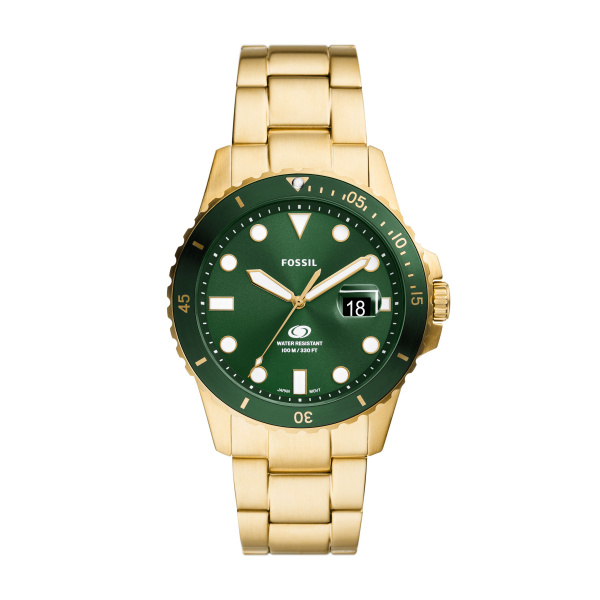 Goudkleurig herenhorloge met groene wijzerplaat en lunette. Datumweergave op de wijzerplaat.